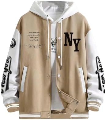 SOLY HUX Chaqueta universitaria para hombre con estampado de letras y bloques de color, chaqueta de béisbol de manga larga, abrigo bomber